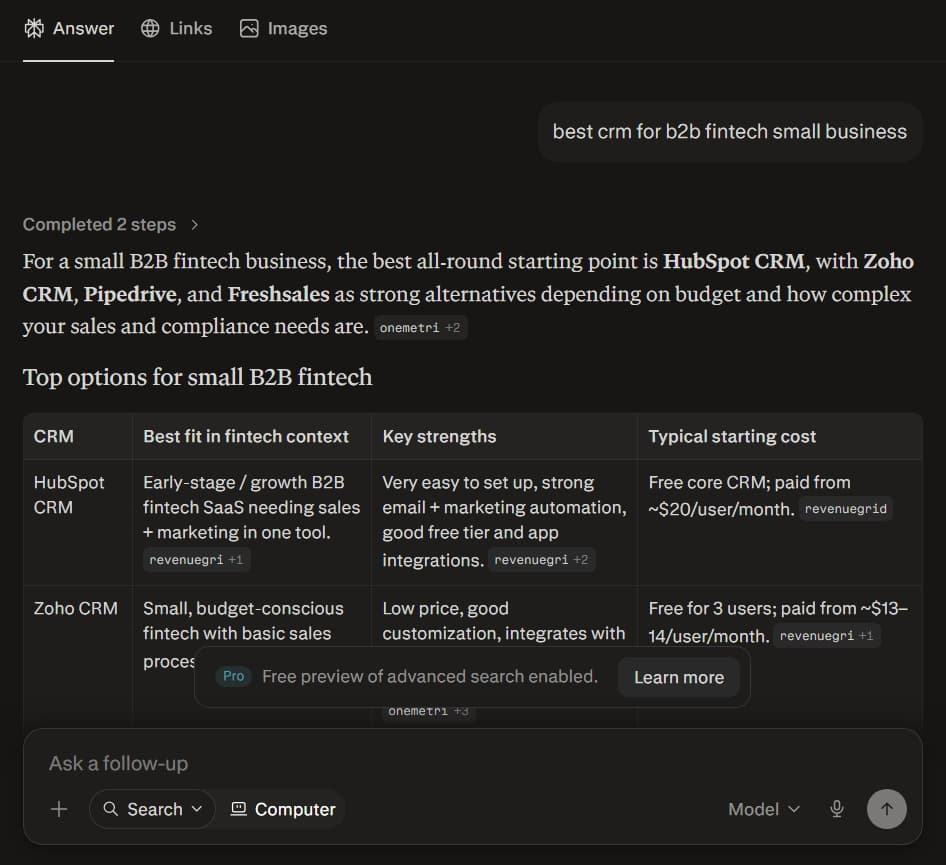 Perplexity AI search response showing inline source citations for a comparison query