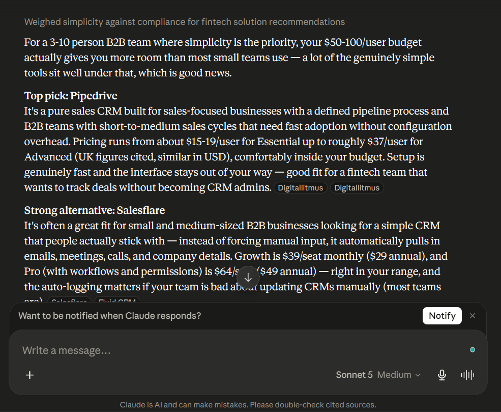 Claude response citing sources within a detailed, reasoning-based answer