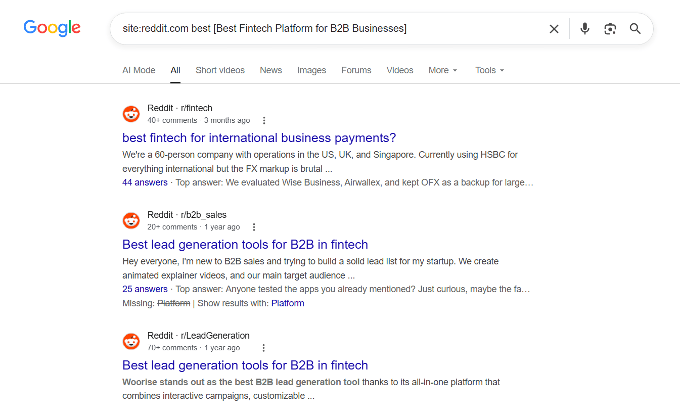 Google results showing Reddit threads ranking for a buyer-intent keyword
