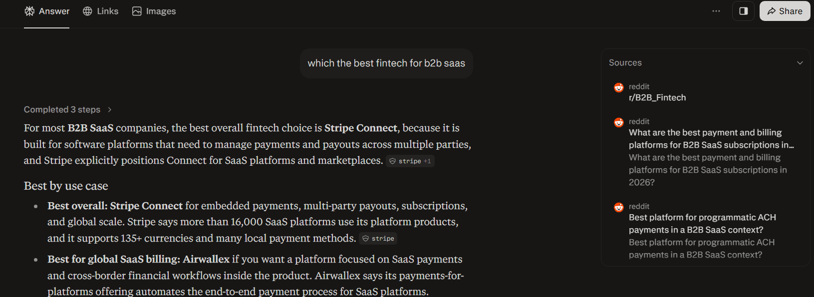 Perplexity prompt used to find cited Reddit threads for a B2B SaaS query