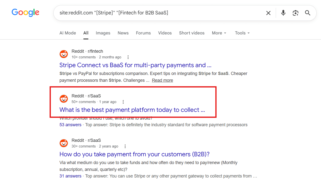 Google search for competitor mentions on Reddit in a category