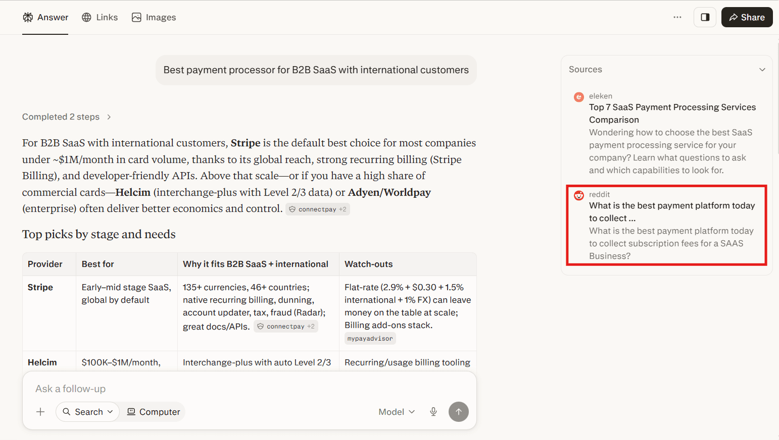 Perplexity answer citing Reddit sources for a payment processor query